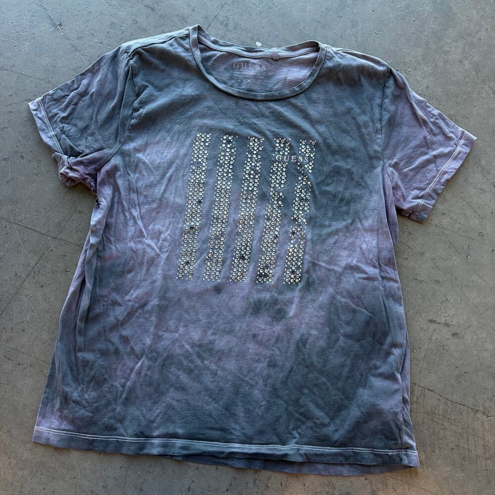 Vintage Y2k Guess Rhinestone Embellished Mcbling Tie Dye Casual Graphic Tee XL